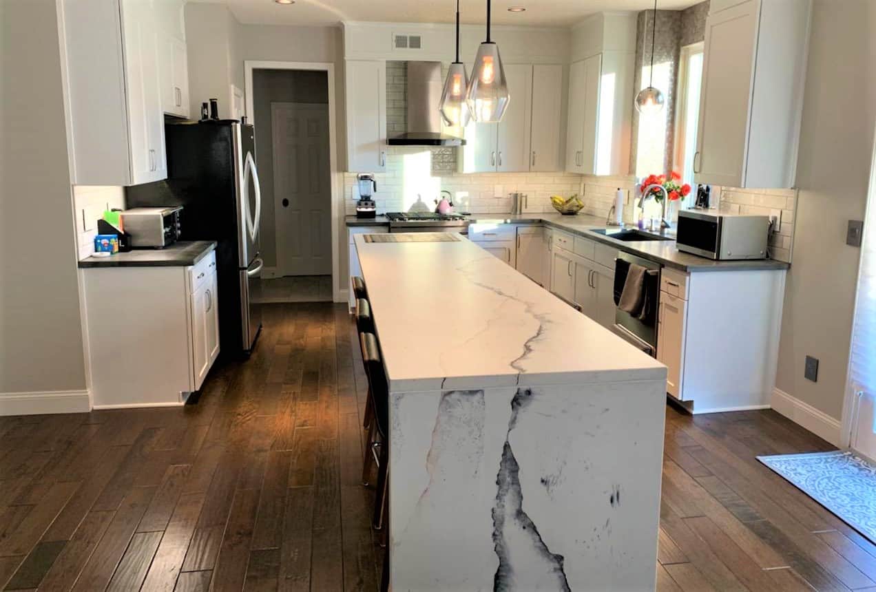 Limestone white, concrete counter top, in kitchen