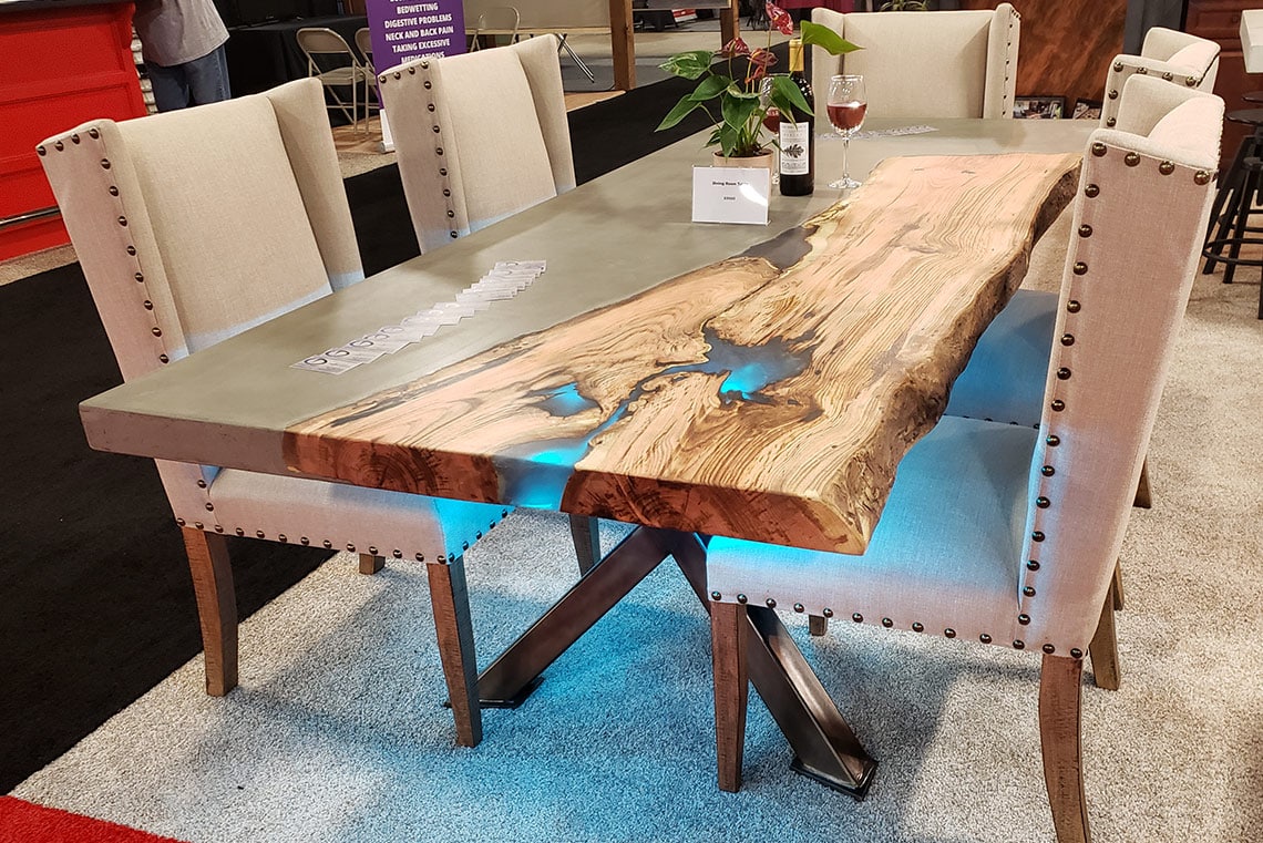 Concrete custom table with blue swirls
