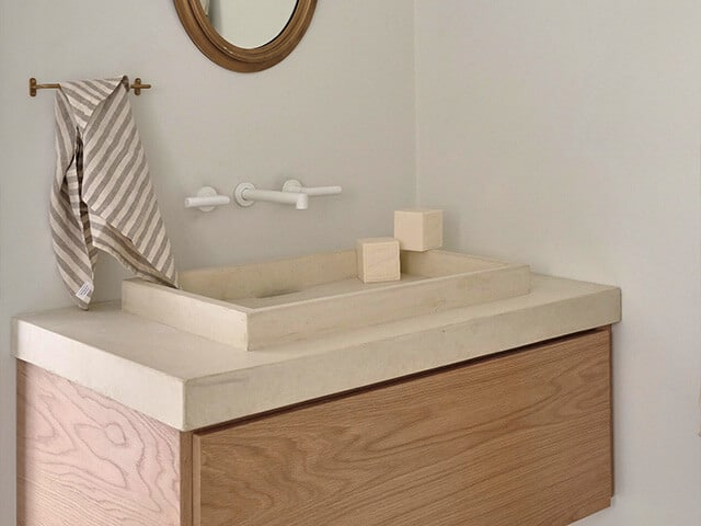 beige bathroom vessel sink